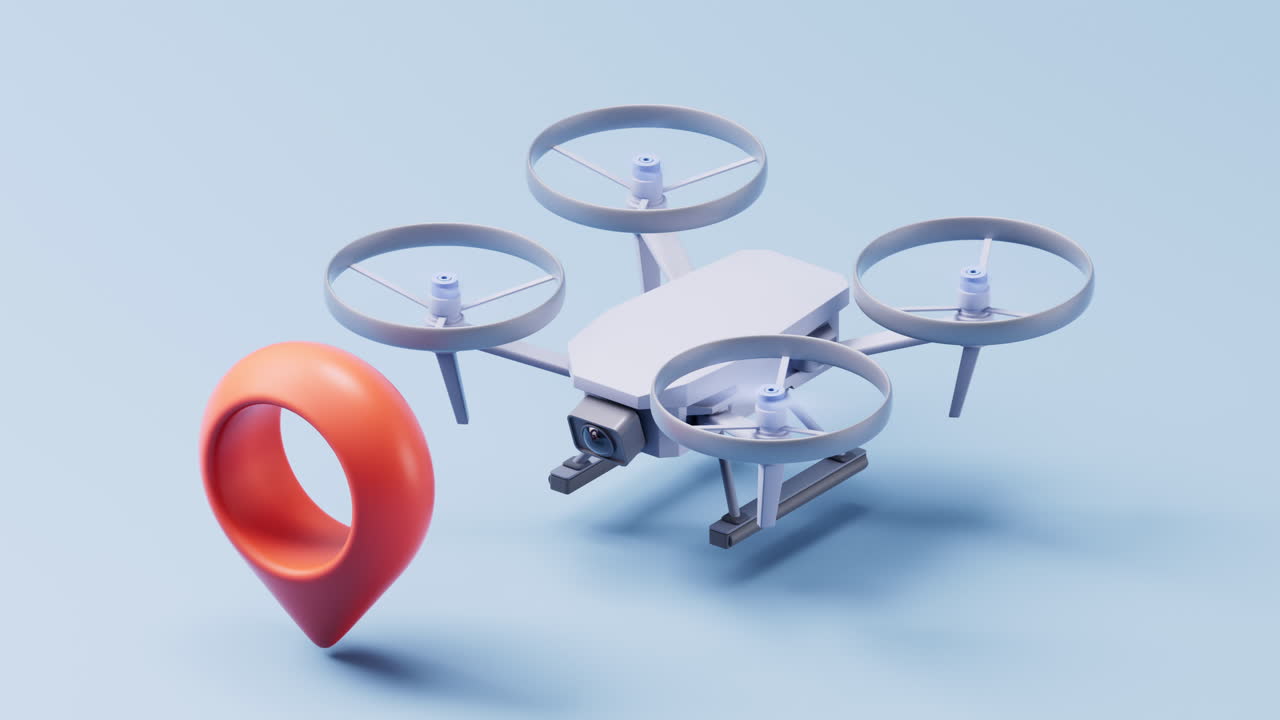 포지션 마크로 날아가는 드론, 3d 렌더링