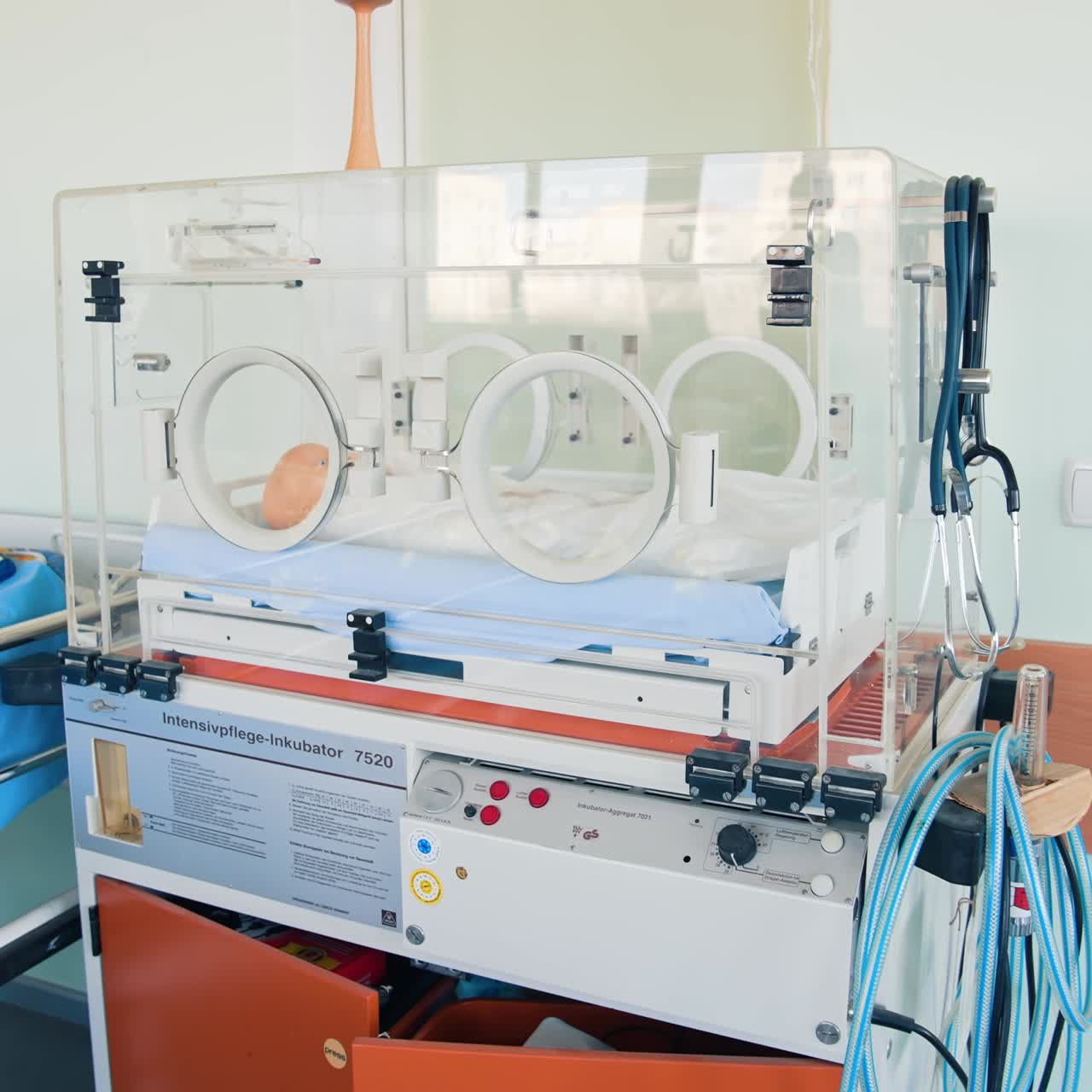 Newborn mannequin for training. Medical training on simulation mannequin baby