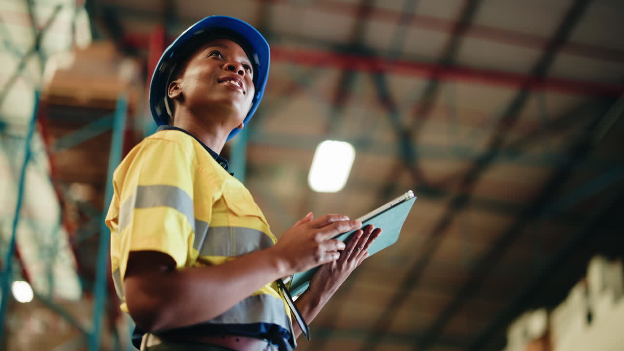 Smiling Woman Engineer in Hard Hat Using Tablet in Warehouse