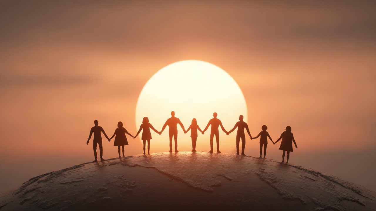 A Silhouette of Unity: People Holding Hands Against a Majestic Sunset, Symbolizing Togetherness and Hope Around the World