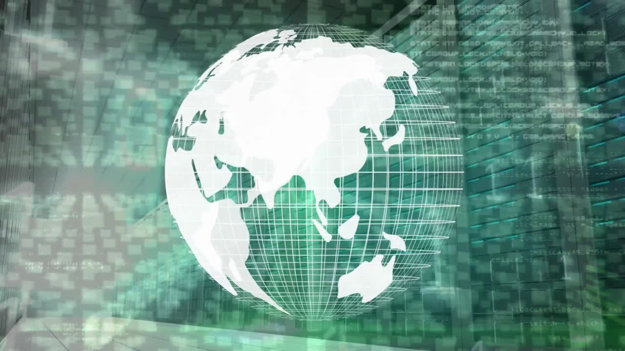 Animation of globe rotating over binary code and servers in green space