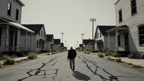 a lone figure walks down a deserted street in an old-fashioned town.