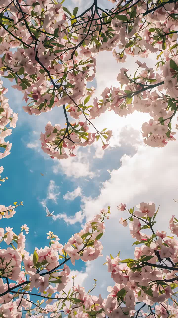 Vertical video: Swaying pale pink blossoms and dark branches in park, breeze blowing, sun flashing