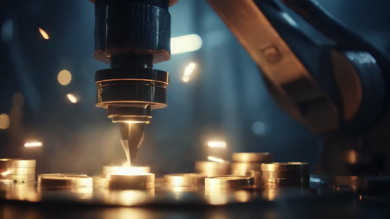 High-tech Manufacturing Process Featuring Precision Machinery Engaging in Intricate Metal Work, Highlighting Innovation in Automated Production and Resource Utilization