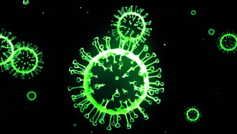 green glowing holographic image of coronavirus like covid-19 virus or influenza virus flies in air or float smoothly on black background. 3d animation in 4k looped. for informational presentation.