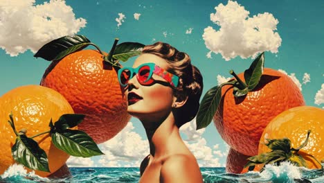 surreal video concept with a low-angle view of a woman in colorful sunglasses amidst giant oranges