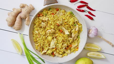 delicious fried rice with chicken and vegetables served in pan  placed on white wooden table