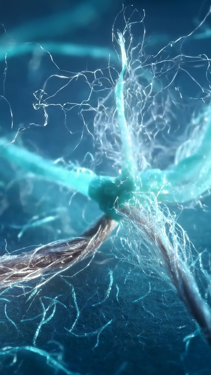 Vertical video: Lifting central filament from braided knot, fibers fraying and floating in macro