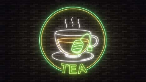 neon sign flickers to life, showcasing a tea cup.