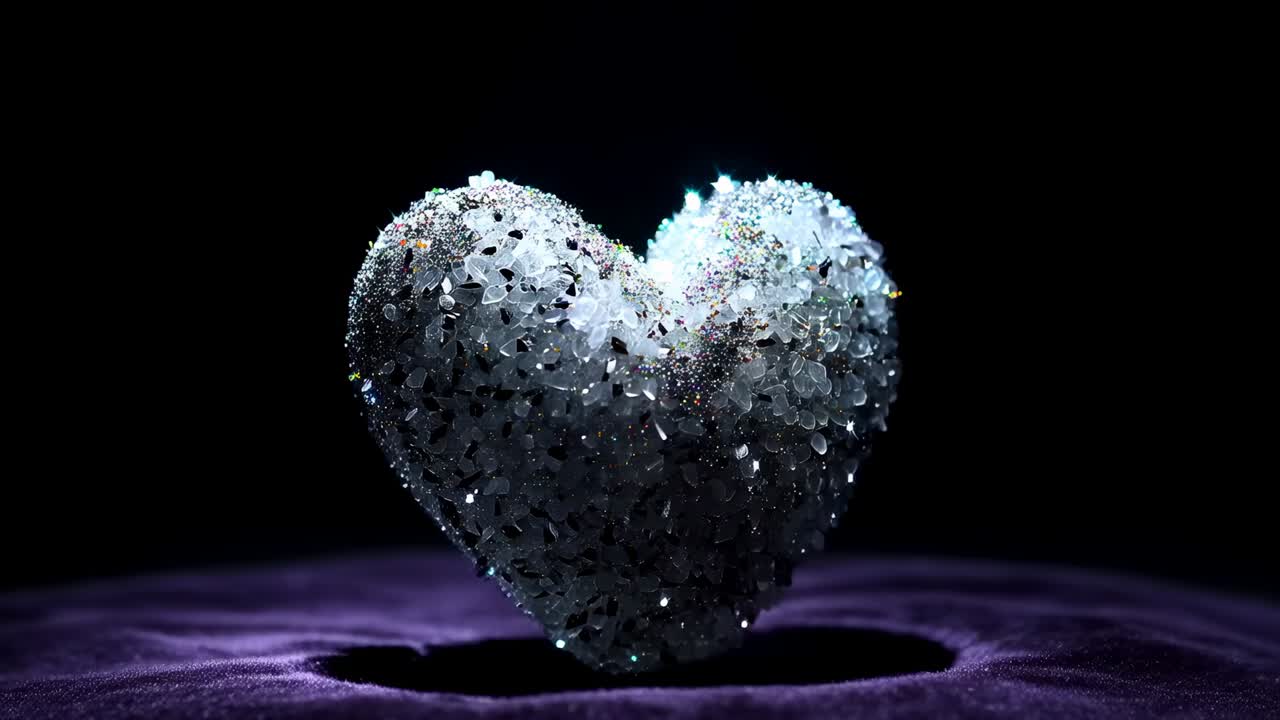 Raggio pulsante che anima un cuore di cristallo rotante, che oscilla sopra un cuscinetto di velluto viola che mostra riflessi arcobaleno