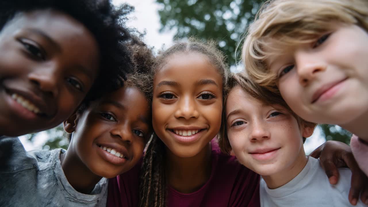A Joyful Group of Kids Smiling and Embracing Friendship in a Heartwarming Outdoor Moment Captured in a Close-Up Shot, Showcasing Their Bright Expressions and Unity