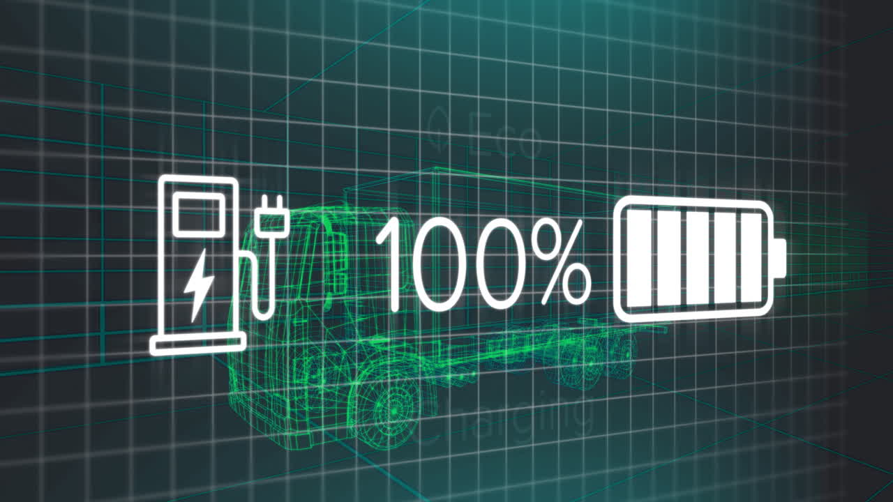 Electric truck animation with eco-friendly charging symbols and full battery indicator