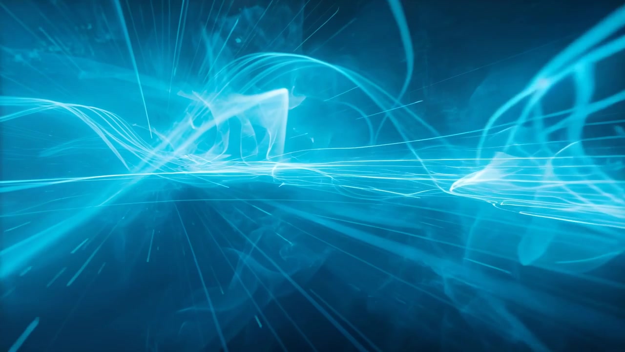 Camera starting forward motion, cyan ribbons and central band pulsing through tunnel with veils