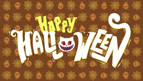 happy halloween text animation over pumpkin and star pattern background