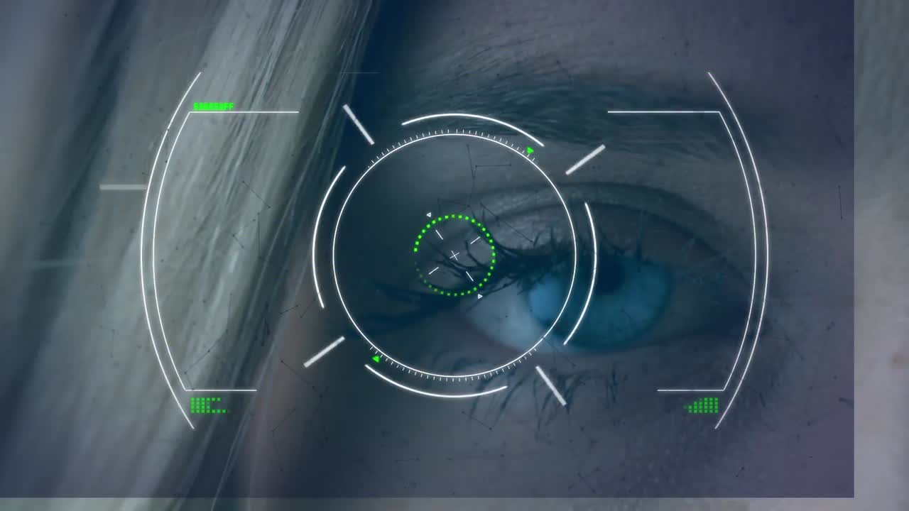 Animation of scope scanning and data processing over woman's blue eye