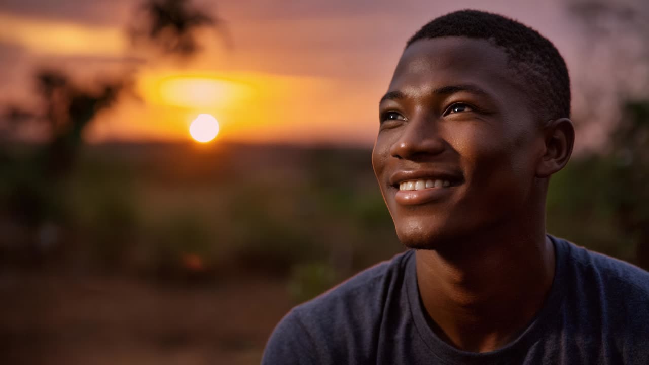 A Young Man Smiling Radiantly Against a Breathtaking Sunset Background, Captured in Two Stunning Frames That Showcase His Joy and the Dynamic Colors of Dusk Illuminating the Sky