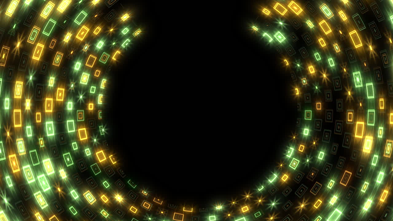 Motivo quadrato digitale a spirale futuristico verde e giallo su sfondo nero