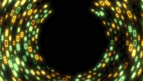 digital spiral futuristic green and yellow square pattern on black background