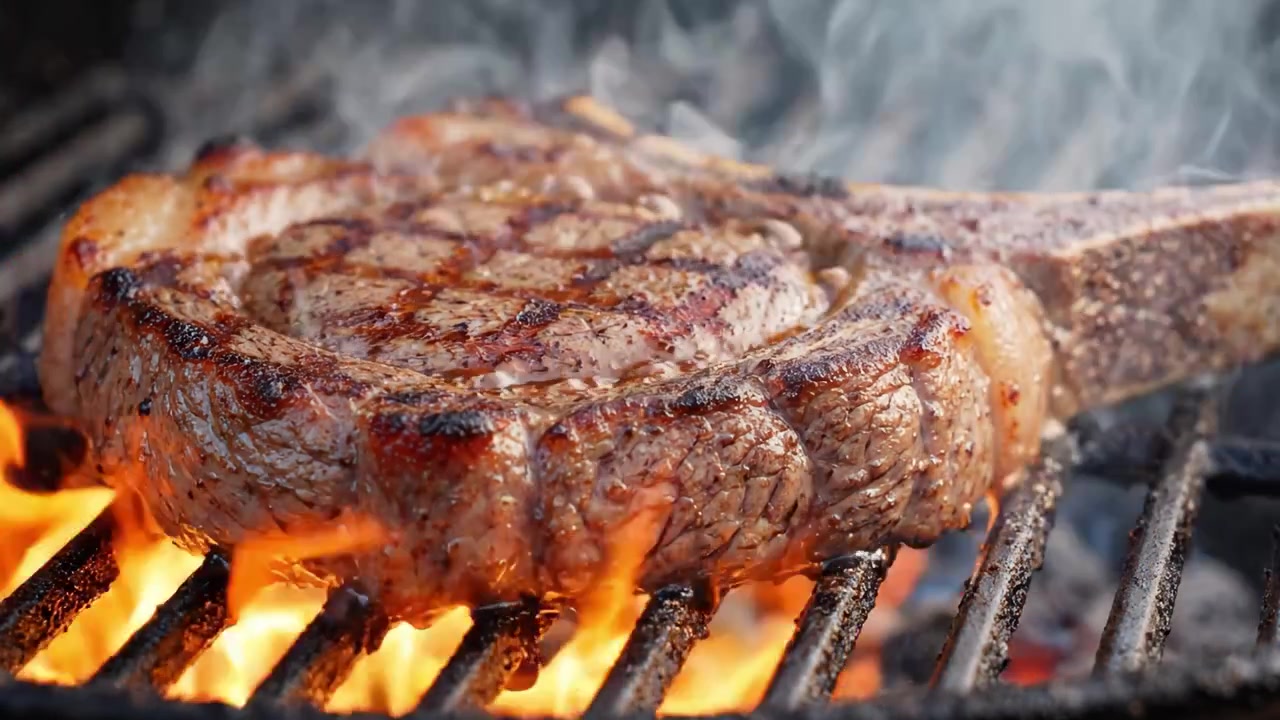 Succulent Ribeye Steak Grilling to Perfection Over Flames, Showcasing the Sizzling Process of Charred Meat with Perfect Grill Marks and Juicy Texture