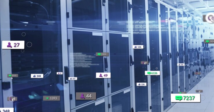 Animation of social media icons and numbers and data processing over computer servers