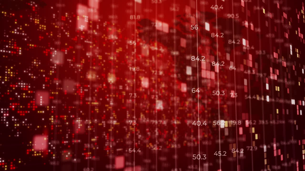 World map with financial chart concept. Blinking pixels and dots on red screen. Grid of changing numbers and lines. Looped motion graphics.