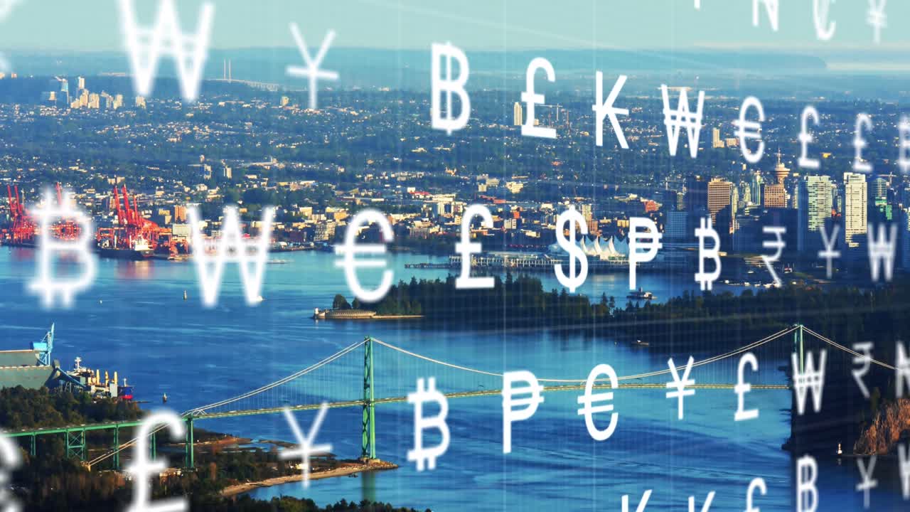 현대 도시에 대항하여 바다에서 움직이는 배의 시간 경과에 대한 통화 기호의 애니메이션