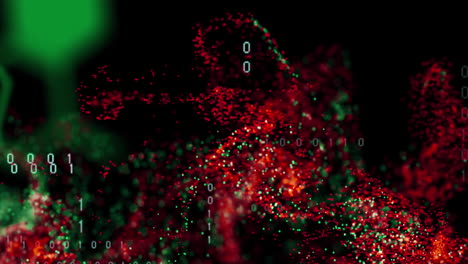 animación de onda digital roja y verde flotando sobre codificación binaria contra un fondo negro