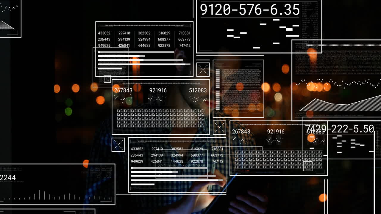 In school, person using tablet with animation and digital data overlaying screen