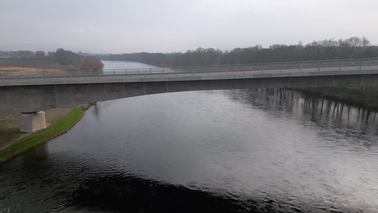 Close up aerial shot of the new bridge over River Tay before the official opening.Drone ascending