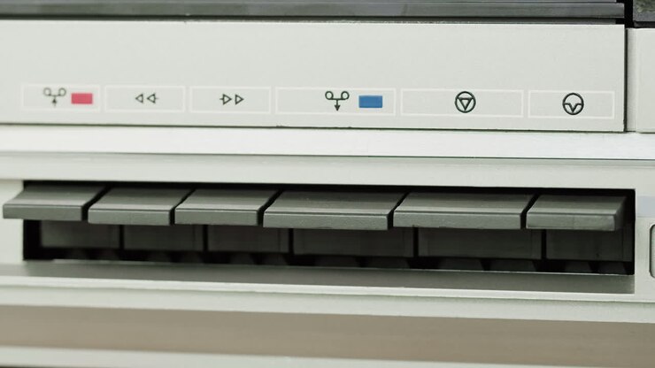 Close-up of a vintage cassette deck control panel