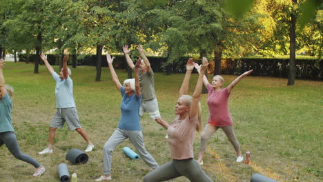 senior people practicing yoga outdoors with female instructor