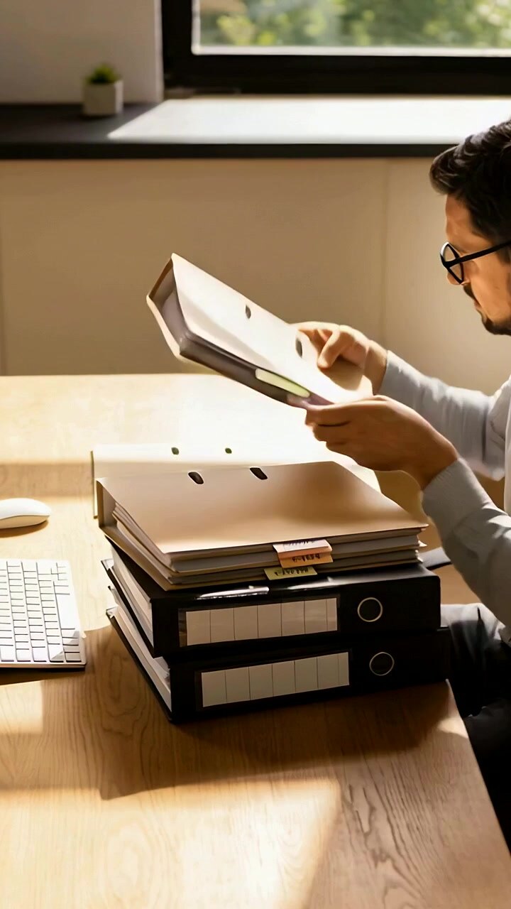 Vertical video: Reaching folder, man in shirt reviewing files at desk with binders, copy space