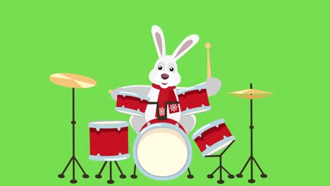 cartoon little christmas bunny flat character play drums animation with matte