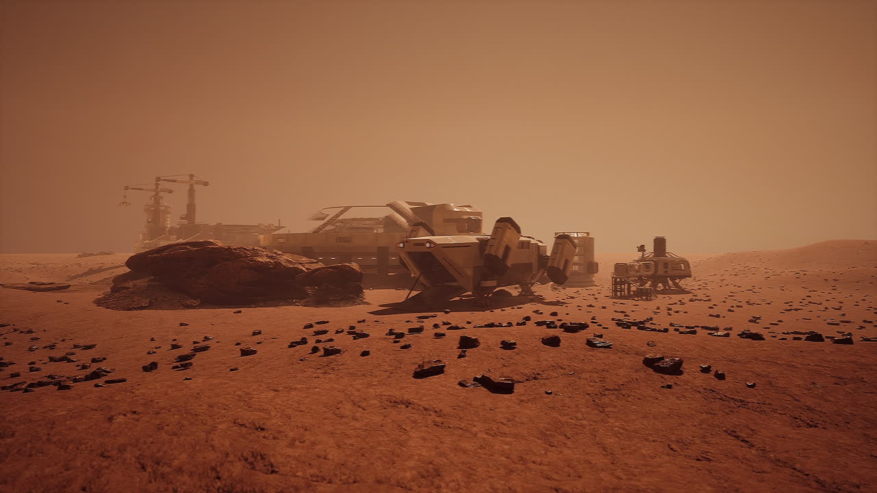 Mars-koloni under bygging med utforskningskjøretøy og utstyr