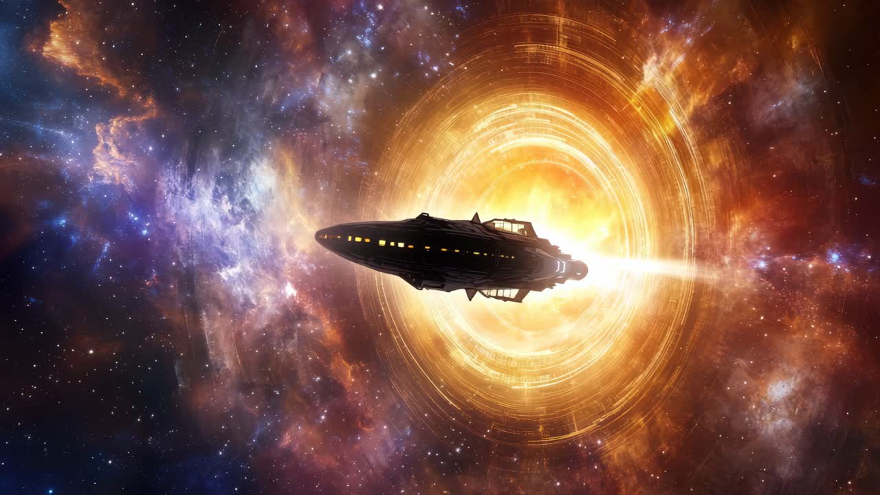 Un'astronave entra in un wormhole vibrante nello spazio. La visuale grandangolare crea un'atmosfera cinematografica nel video