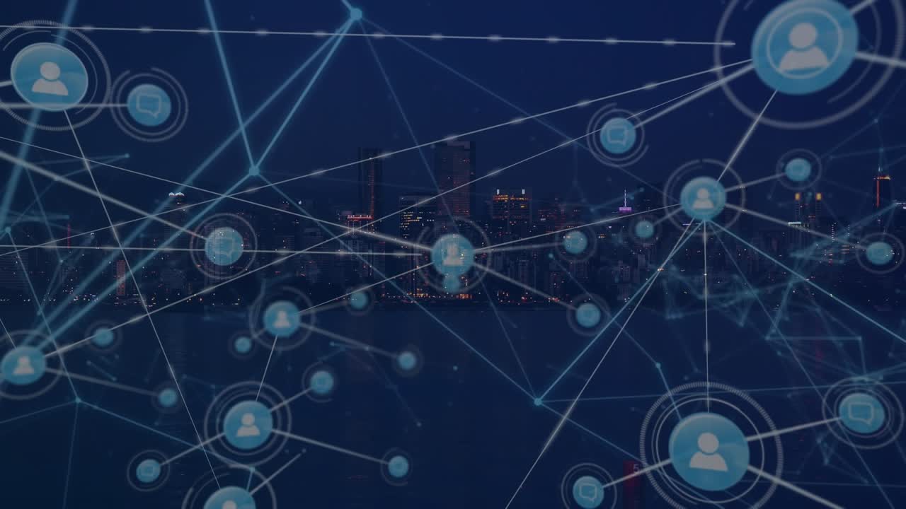 Animation of network of connections over cityscape