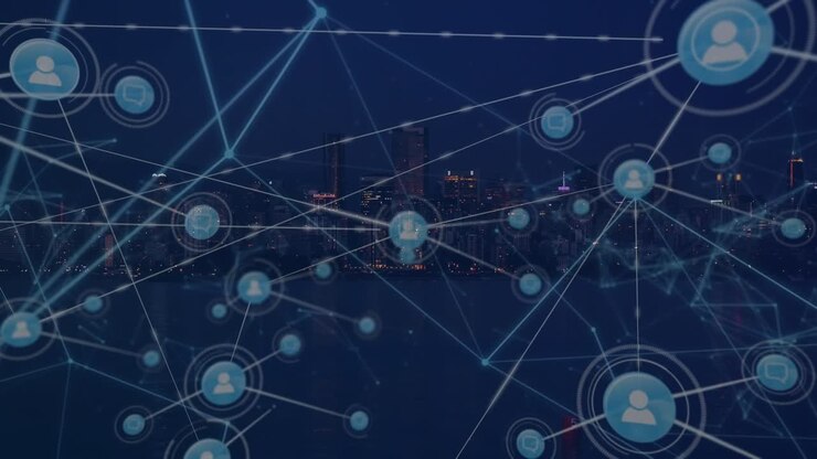 Animation of network of connections over cityscape