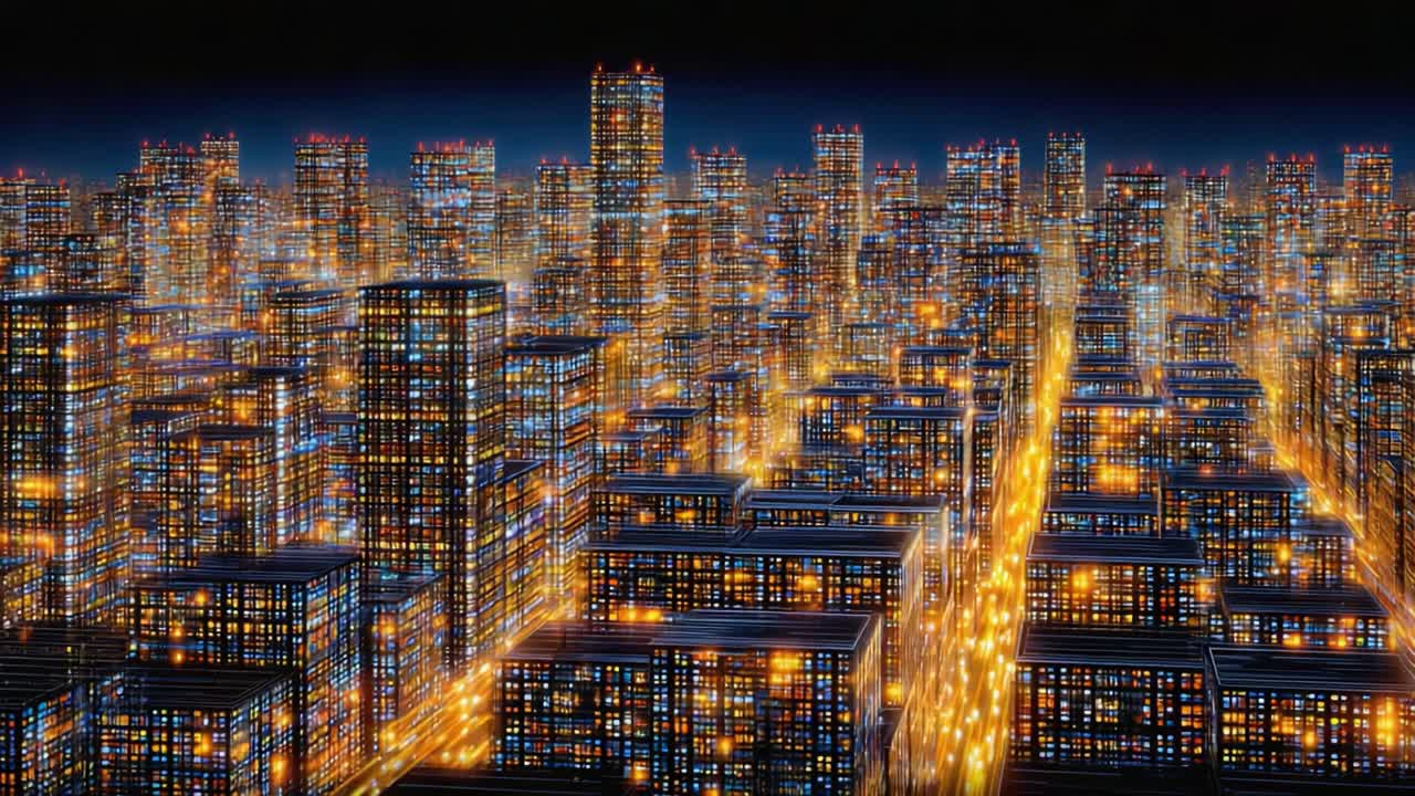 A Captivating Night View of a Vibrant Cityscape Illuminated by Brilliant Lights, Showcasing a Dynamic Urban Environment and Stunning Architectural Features