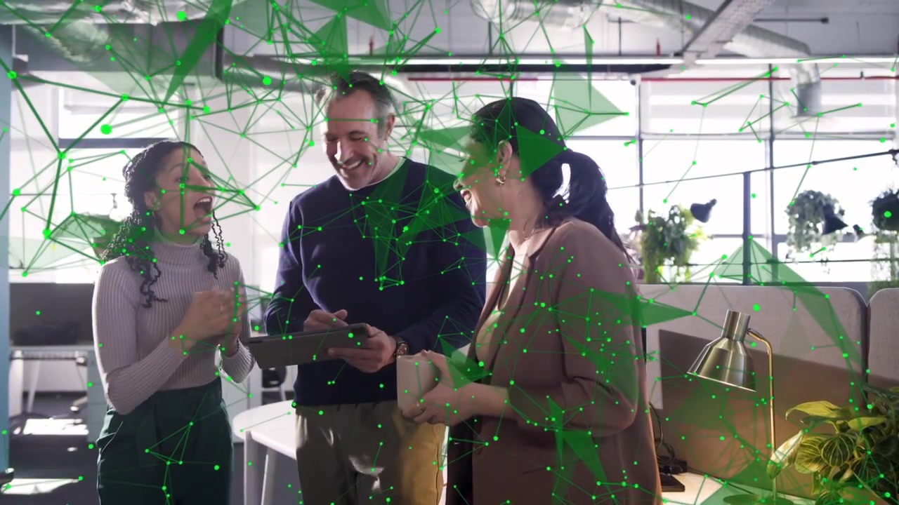 Tablet lighting up trio gathering man tapping while peers pointing reviewing app with green overlay