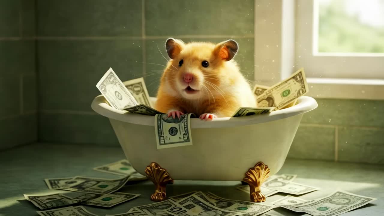 A delightful hamster relishes a lavish bath while surrounded by piles of cash, all set in a cozy indoor environment