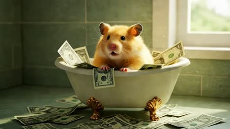 a delightful hamster relishes a lavish bath while surrounded by piles of cash, all set in a cozy indoor environment