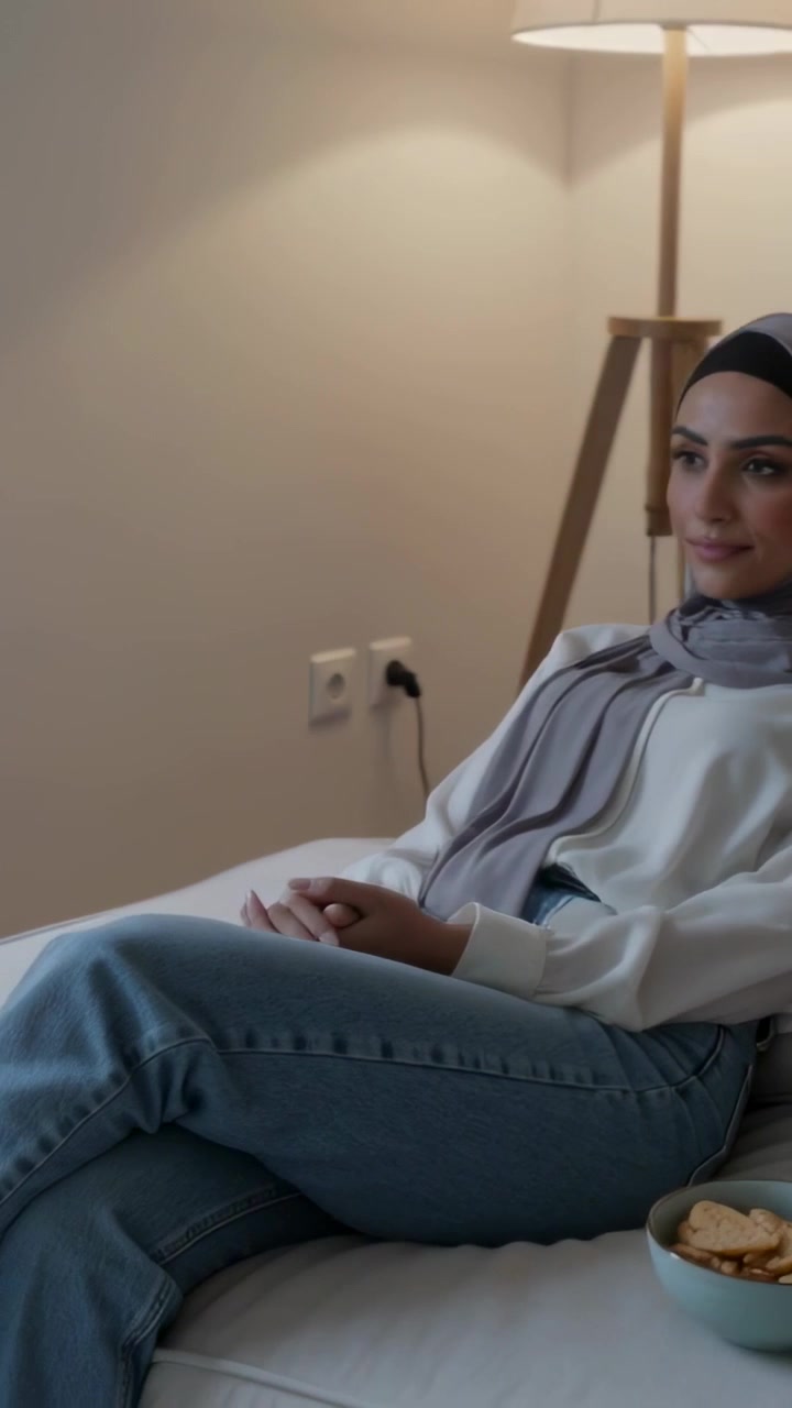 Video verticale: Luce della finestra che illumina una donna con hijab a casa mentre si gira, prende uno spuntino e si sistema vicino alla lampada.