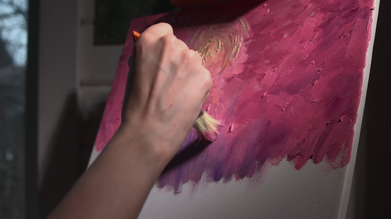 Caucasian Hobbyist Painting Magenta Abstract Canvas Closeup, Hand Applying Impasto Strokes With Round Brush . Media