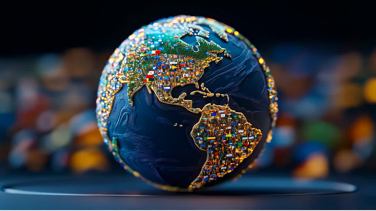 Vibrant globe with regions. A globe with vivid country borders and flags, set against a blurred, colorful backdrop with light effects