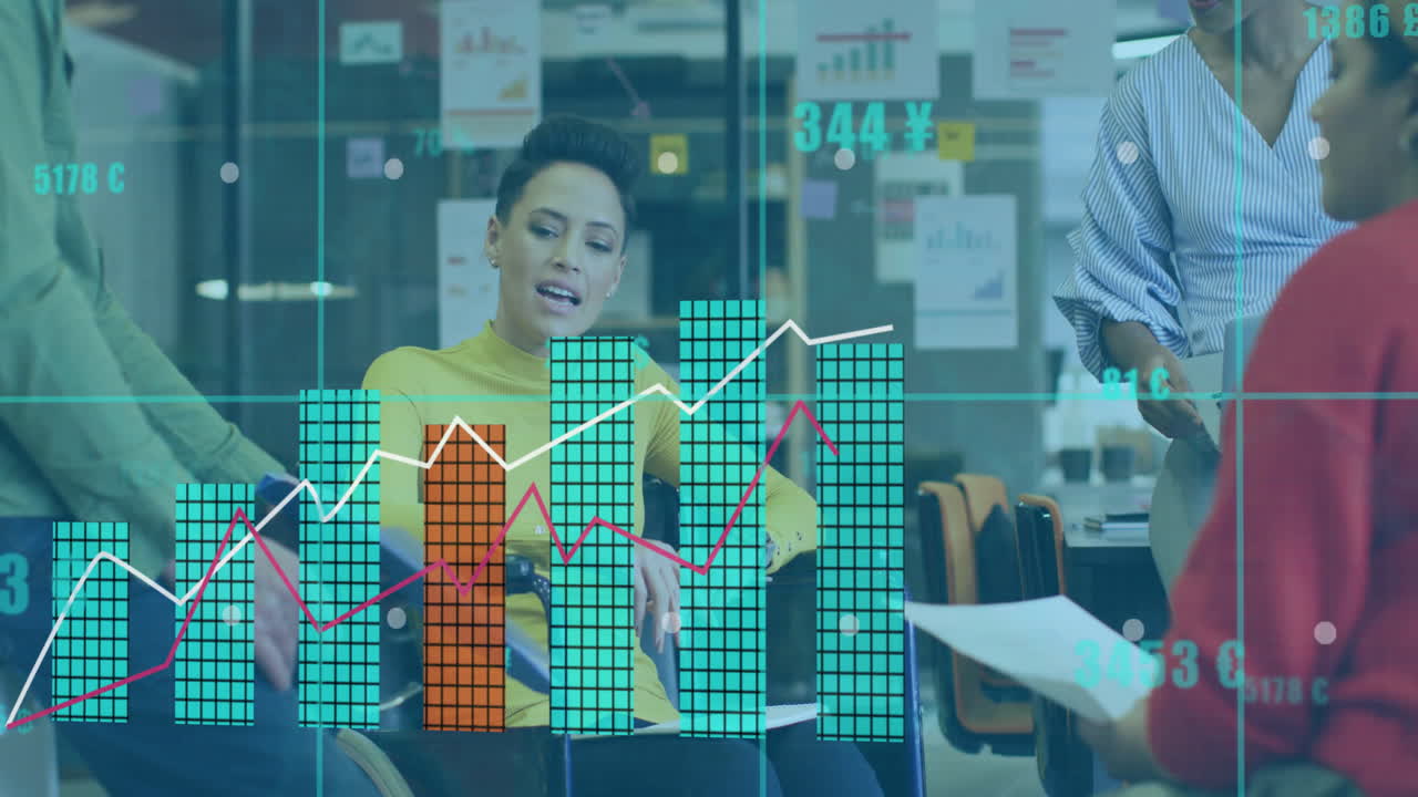 Mid adult woman leading business meeting in office, showcasing animated bar and line graphs overlay