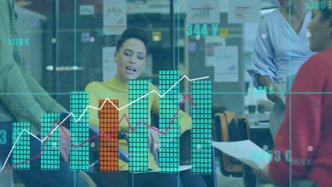 mid adult woman leading business meeting in office, showcasing animated bar and line graphs overlay