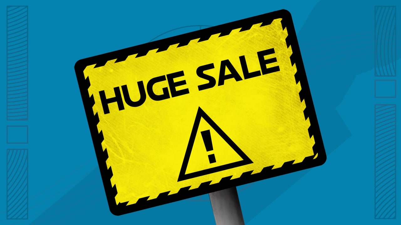 Animation of huge sale text and warning symbol over signboard and abstract shapes on blue background