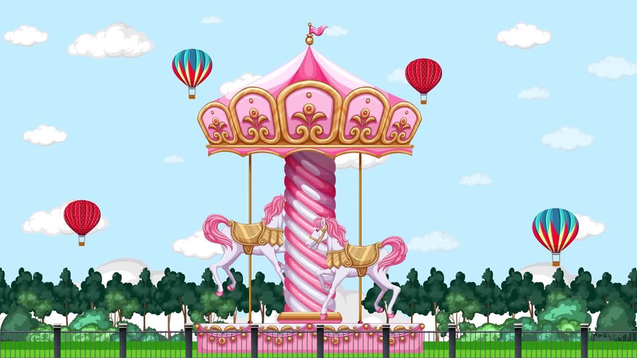 A pink carousel spins in a park beneath a blue sky with hot air balloons