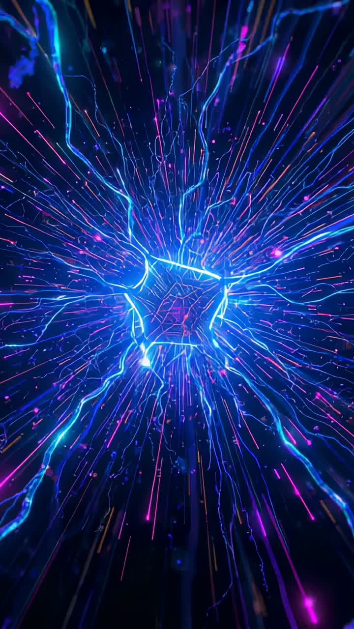 Video verticale: rendering di fotogrammi che pulsano inviando archi e striature blu attraverso un tunnel al neon, in movimento