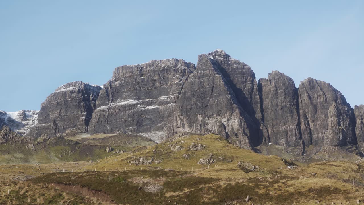 The Trotternish Ridge displaying it's epic rocky formations and blue skies in the Isle of Skye